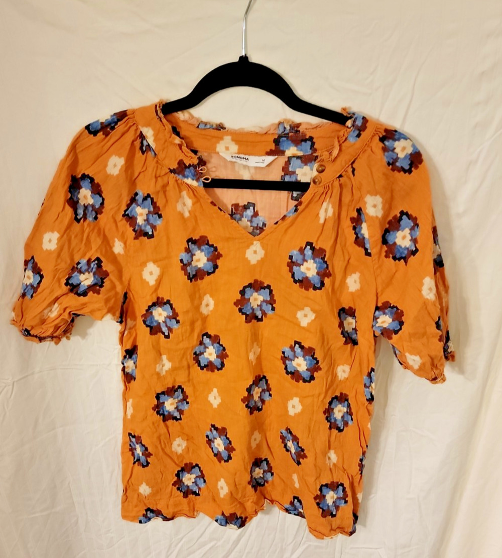 Sonoma Blouse M Harvest Gold Cotton Rayon Blend Button Neck Business Casual Top